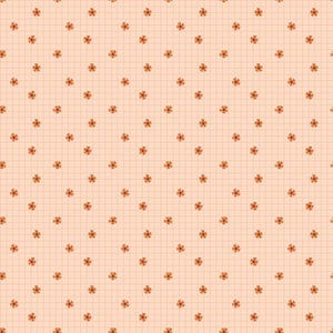 May include: A seamless pattern featuring a repeating design of small orange flowers on a light peach background with a subtle grid pattern.