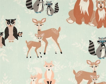 Mint Woodland Fabric: Bear, Deer, Fox, Raccoon - Bonnie Christine Art Gallery Cotton