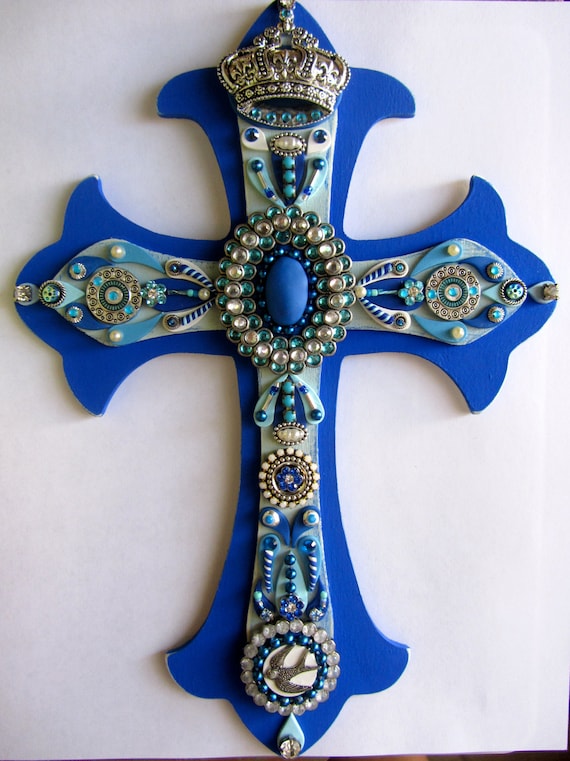 Items similar to Wall Cross Blue Decorative Cross Victorian fleur de