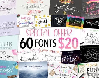 Font bundle - 60 Script fonts including hand lettered fonts and calligraphy fonts. Fonts which can be used for photography logo designs