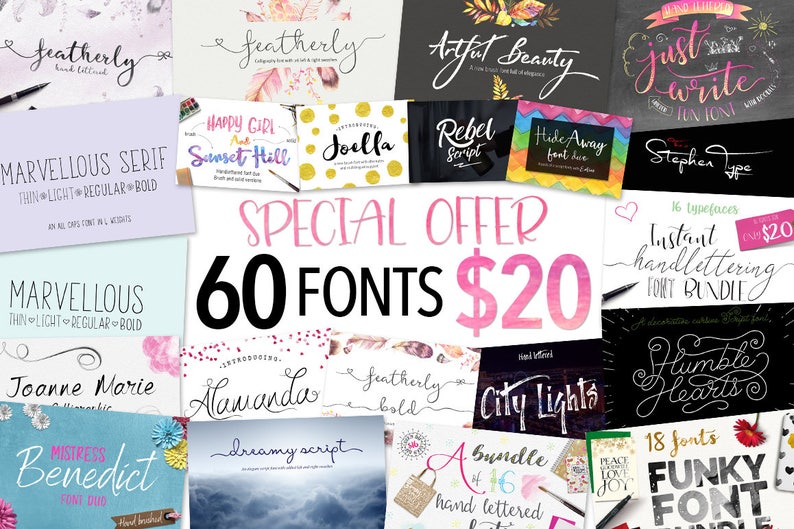 Font bundle - 60 Script fonts including hand lettered fonts and calligraphy fonts. Fonts which can be used for photography logo designs 