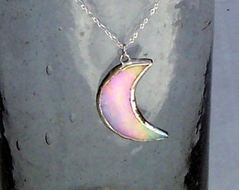 Iridescent Stained Glass Crescent Moon Necklace, Celestial Necklce, Boho, Hippie Jewelry, Handcrafted OAK, 14-16 Adjustable, Pagan, Wicca