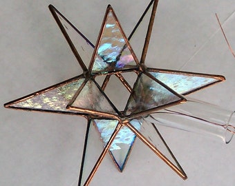 Small Stained Glass Tree Topper, Iridescent Clear Glass, Moravian Star, Star Tree Top Decoration, Christmas 12 Point Star Ornament,
