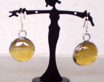 Stained Glass Drop Earrings, Amber Colored Glass, Handmade, Dangling Earrings, Silver Ear Wires,Handcrafted Jewelry, Woman / Girl Gift