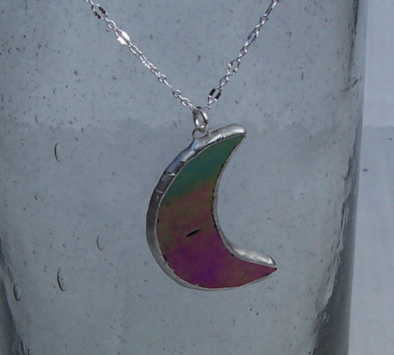 Iridescent Stained Glass Crescent Moon Necklace, Celestial Necklce, Boho, Hippie Jewelry, Handcrafted OAK, 14-16 Adjustable, Pagan, Wicca image 2