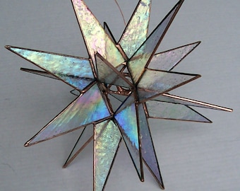 Lg. Stained Glass Tree Topper, Copper Iridescent Clear Glass, 18 Point Moravian Christmas Star of Bethlehem Ornament