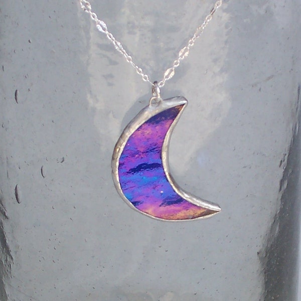 Iridescent Stained Glass Crescent Moon Necklace, Celestial Necklce, Boho, Hippie Jewelry, Handcrafted OAK, 14-16 Adjustable, Pagan, Wicca