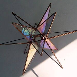 Medium Stained Glass Tree Topper, Iridescent clear textured glass, copper finish. Moravian Star, North Star , Star of Bethlehem, Ornament image 3
