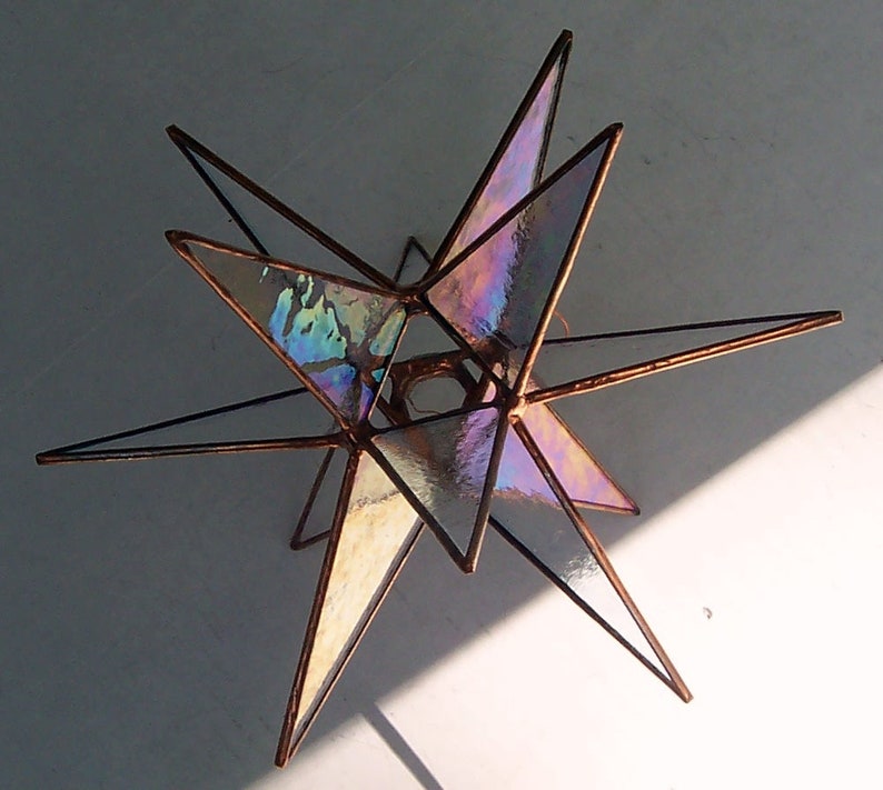 Medium Stained Glass Tree Topper, Iridescent clear textured glass, copper finish. Moravian Star, North Star , Star of Bethlehem, Ornament image 3