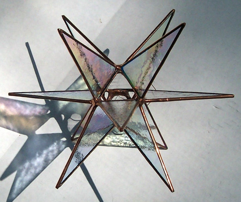 Medium Stained Glass Tree Topper, Iridescent clear textured glass, copper finish. Moravian Star, North Star , Star of Bethlehem, Ornament image 2