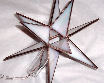 Stained Glass Med.Tree Topper, Iridescent White Glass, Moravian Star, Tree Top Decoration, Christmas Star Ornament