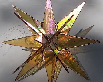 Lg. Stained Glass Tree Topper, Copper Finish Iridescent Amber Glass, 18 Point Gold Moravian Christmas Star of Bethlehem Ornament, North Star