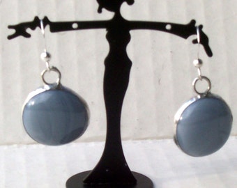 Stained Glass Earrings, Gray / Gray, Glass Cabochon, Handmade, Dangling Drop Earrings, Silver French Ear Wires, Jewelry