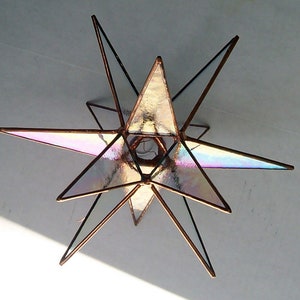 Medium Stained Glass Tree Topper, Iridescent clear textured glass, copper finish. Moravian Star, North Star , Star of Bethlehem, Ornament image 4