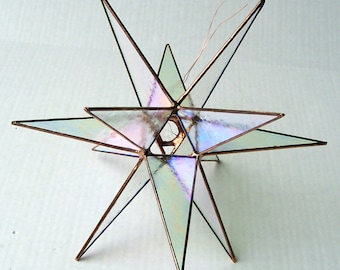 Lg. Stained Glass Tree Topper, Iridescent Clear Textured Glass, Moravian Star, Tree Decoration, Northern Star
