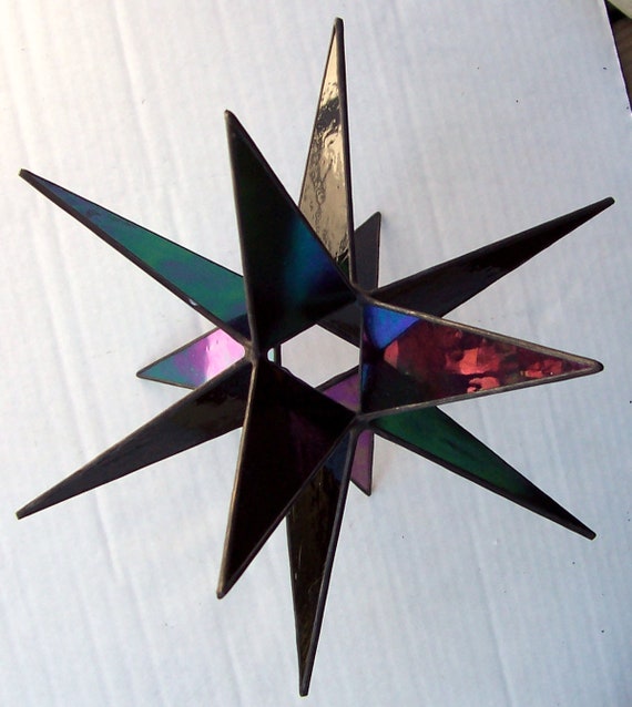 Lg Stained Glass Tree Topper Iridescent Black Moravian Star Top Decoration Ornament 12 Point X Mas