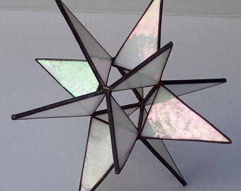 Sm.Stained Glass Tree Topper, Iridescent White Glass, Moravian Star, Tree Top Decoration, Christmas Star Ornament, 12 Point Star X'mas Tree