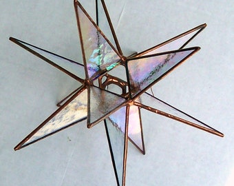 Medium Stained Glass Tree Topper, Iridescent clear textured glass, copper finish. Moravian Star, North Star , Star of Bethlehem,  Ornament