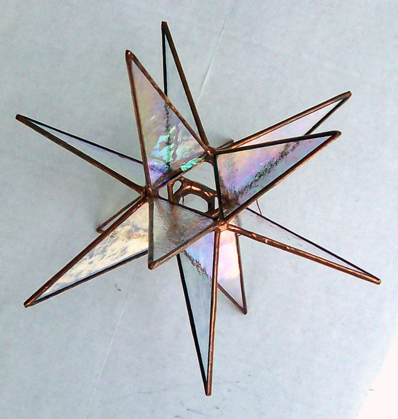 Medium Stained Glass Tree Topper, Iridescent clear textured glass, copper finish. Moravian Star, North Star , Star of Bethlehem, Ornament image 1
