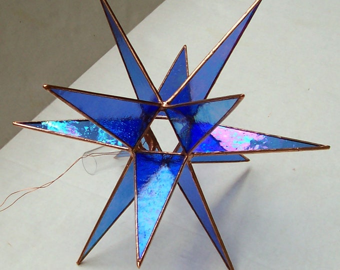 Lg. Stained Glass Tree Topper, Iridescent Blue Transparent Glass