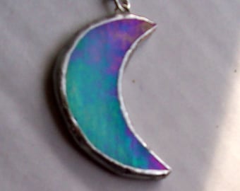 Iridescent Stained Glass Crescent Moon Necklace, Celestial Necklce, Boho, Hippie Jewelry, Handcrafted OAK, 14-16 Adjustable, Pagan, Wicca