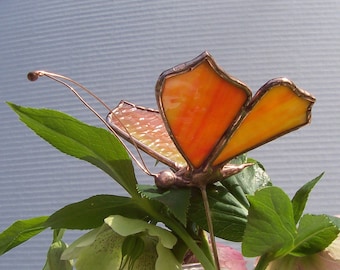 Small  Stained Glass Butterfly Plant Stake, Garden Art, Gift, Home Decor, Floral Support, Sun Catcher, Yellow/Orange Insect