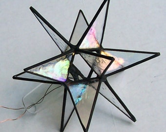Small Stained Glass Tree Topper, Iridescent Clear Glass, Moravian Star, Star Tree Top Decoration