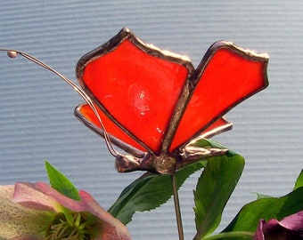 Small  Stained Glass Butterfly Plant Stake, Yard Art, Gift, Home Decor, Floral Support, Sun Catcher, Orange Insect, Colored Glass