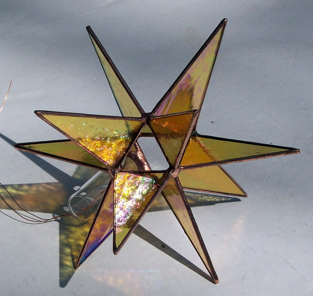 Med. Moravian Star Tree Topper, Gold Stained Glass 3-D Star, Iridescent