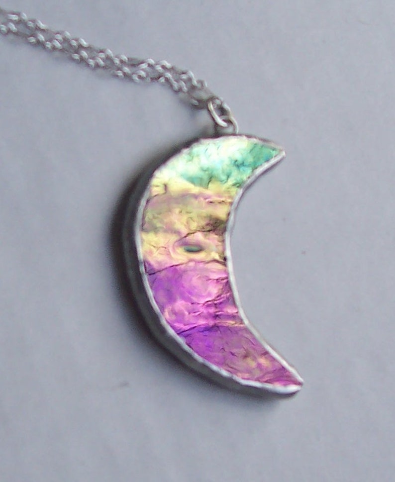 Iridescent Stained Glass Crescent Moon Necklace, Celestial Necklce, Boho, Hippie Jewelry, Handcrafted OAK, 14-16 Adjustable, Pagan, Wicca image 3