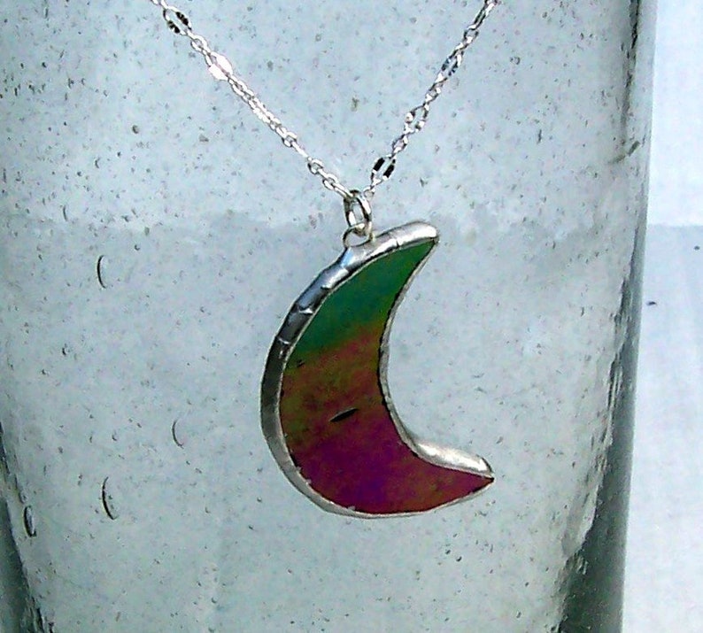 Iridescent Stained Glass Crescent Moon Necklace, Celestial Necklce, Boho, Hippie Jewelry, Handcrafted OAK, 14-16 Adjustable, Pagan, Wicca image 1