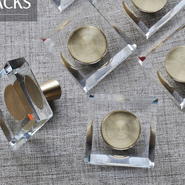 6 Pack Glass Crystal Knobs Brass Drawer Pull Cabinet Handle Gold Furniture Hardware for Dresser Kitchen (Square)