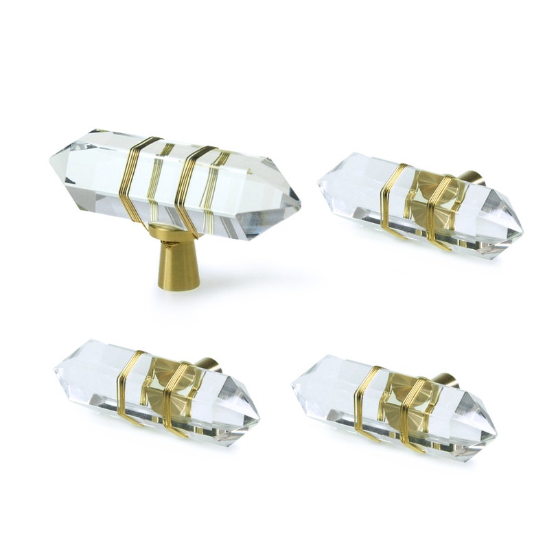 4 Pack Hexagonal Crystal Knobs Wire Wrapped Glass Brass Drawer Pull Cabinet Handle Gold Furniture Hardware for Dresser Kitchen Clear