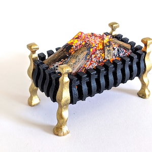 1/12 Scale Doll House fireplace grate, basket, logs, glowing flickering double LED 12V electric