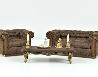 Miniature Chesterfield Armchair or Sofa: 1/12 Scale Dollhouse Furniture