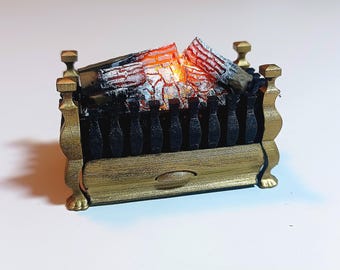 Openhaardrooster voor poppenhuis op schaal 1/12: flikkerende LED, werkt op batterijen.