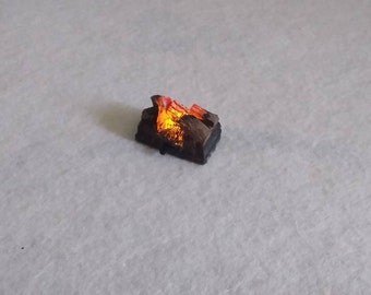 Miniature, 1/24 scale fire wood burning logs, lit up glowing flickering LED battery,little fire,25mm wide