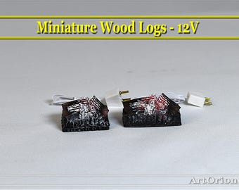 Miniature, dollhouse fire logs, lit up glowing flickering 12V LED , faux little fire,