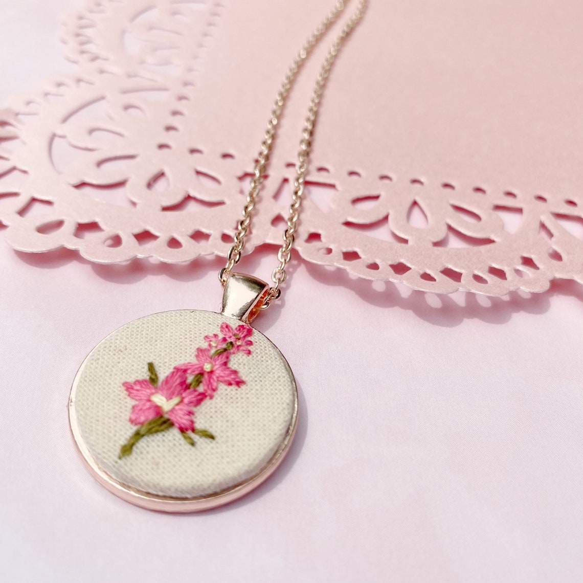 August. Gladiolus Birth Flower Pendant. Embroidered Necklace. | Etsy
