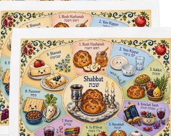 Jewish Holiday Foods Placemat Set of 4, Shabbat and Hebrew Holiday Table Mats, Rosh Hashanah Hanukkah Passover Judaica Kitchen Decor