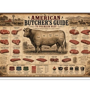 Op de afbeelding: Een poster in vintage-stijl met de titel The American Butcher's Guide to Premium Beef. Het bevat een centrale illustratie van een koe met gelabelde sneden, omringd door afbeeldingen van diverse soorten biefstuk, USDA-iconen en een tabel.