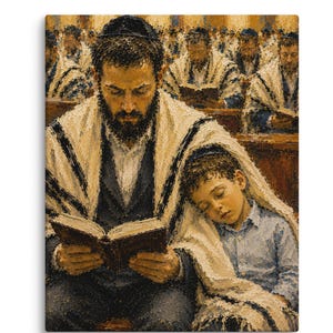 Könnte beinhalten: Ein Ölgemälde, das einen bärtigen Erwachsenen und ein kleines Kind zeigt, die gemeinsam in einer Synagoge sitzen. Beide tragen dunkle Kippas und sind in einen weißen Tallit mit schwarzen Streifen gehüllt. Der Erwachsene liest in einem Buch.