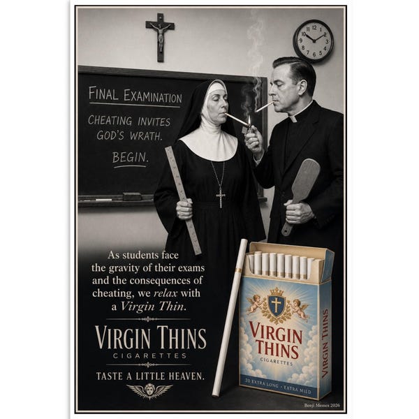Funny Catholic School Poster, Vintage Fake Cigarette Ad Parody, Nun and Priest Humor, Retro Classroom Wall Art, Adult Gag Gift