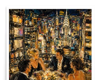 May include: An artistic print depicts a dinner party with four people, set against a vibrant cityscape at night. The painting features a table with flowers and wine, and the people are dressed in formal attire. The artwork is signed "Benji A 2024".
