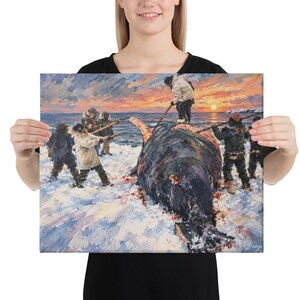 May include: A rectangular canvas print featuring an oil painting of a group of people in winter gear standing on snow and ice, surrounding a large dark whale. The scene is set against a sunset sky with orange and blue hues, signed by Benji.