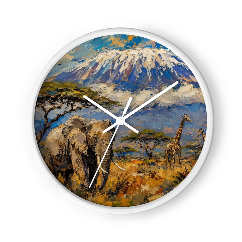 African Safari Kilimanjaro Wall Clock – Elephant & Giraffe Art, Tanzania Wildlife Decor, Mount Kilimanjaro African Gift