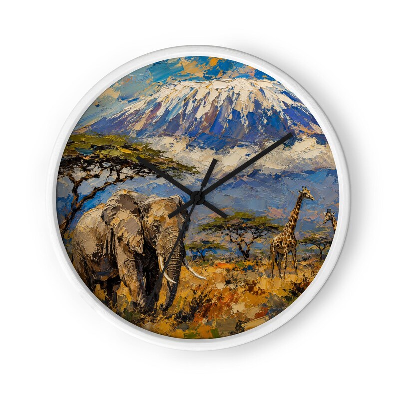 African Safari Kilimanjaro Wall Clock – Elephant & Giraffe Art, Tanzania Wildlife Decor, Mount Kilimanjaro African Gift