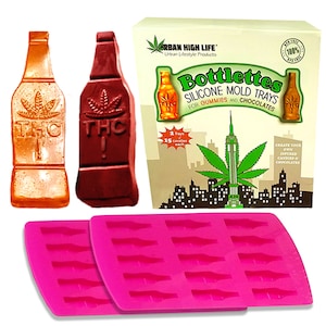 Marijuana Edibles Pot Leaf Silicone Mold For Gummies Candy Chocolate 420 THC Symbol DIY Kit Bottle Shape (4 Tray Molds)