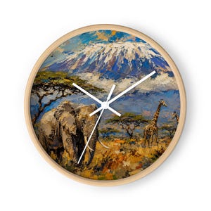 African Safari Kilimanjaro Wall Clock – Elephant & Giraffe Art, Tanzania Wildlife Decor, Mount Kilimanjaro African Gift
