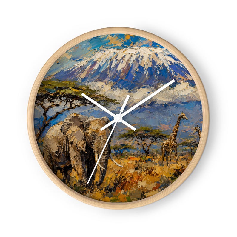 African Safari Kilimanjaro Wall Clock – Elephant & Giraffe Art, Tanzania Wildlife Decor, Mount Kilimanjaro African Gift
